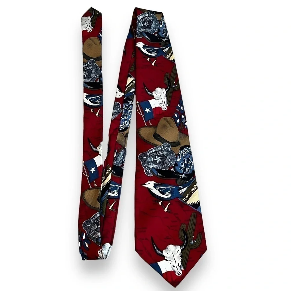 VTG Texas State Tie Novelty Western Cowboy Hat Lone Star Flag Skull Cactus Silk